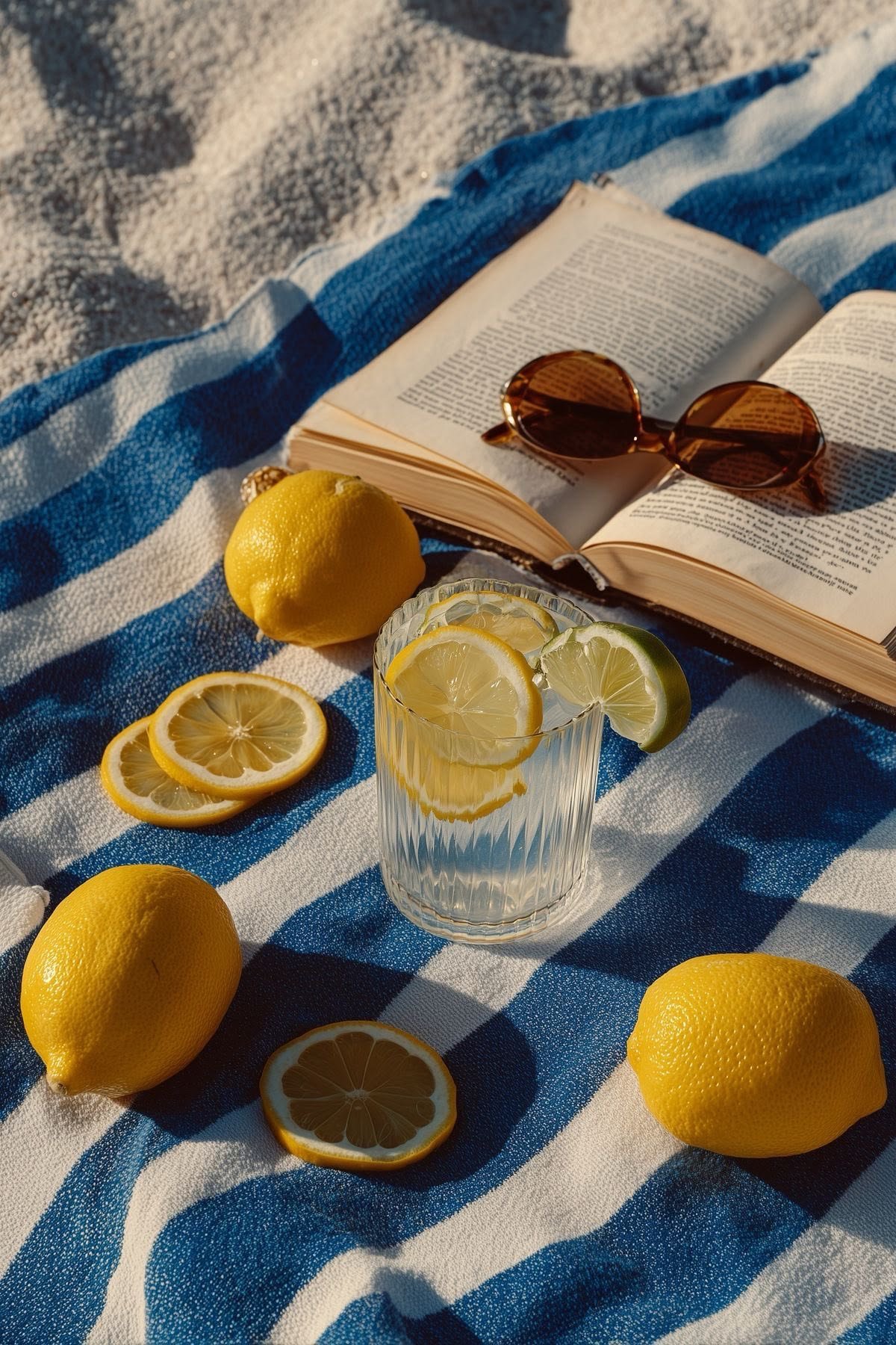 Zitronen, Glas und Buch auf blau-weiß gestreiftem Tuch